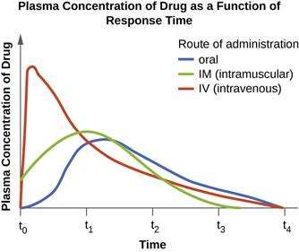 Graph with time on the X axis and Plasma Concentration of Drug on the Y axis. IV route increases plasma concentration very quickly and then tapes off. Intramuscular rout and oral route increase concentrations more slowly with the intramuscular route being a bit faster than oral but also dropping off more quickly.